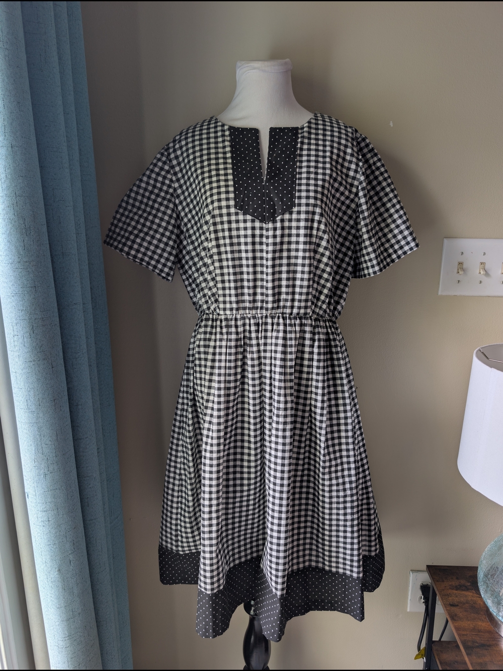 Handmade Dee’s Designs Gingham Dress Black White Checkered Split V-Neck M/L